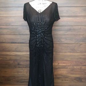 Floor Length Black Beaded Short Sleeve V Neck Back